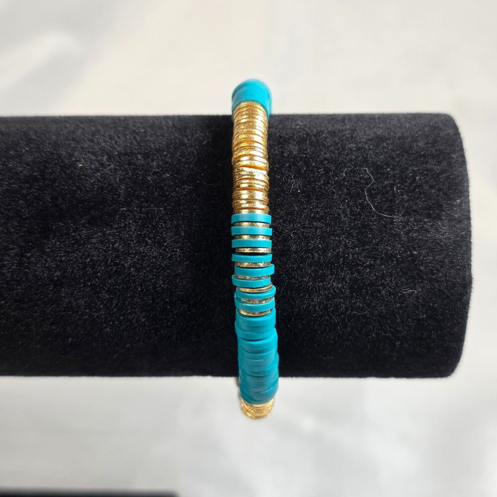 Beaded Stretch Bracelet Turquoise & Gold Flat Disc Beads Segmented Design